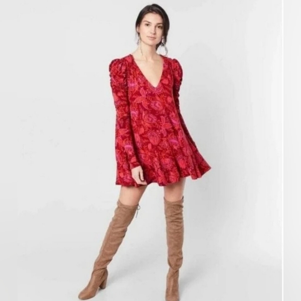 Free People L Mini Swing Dress Red Floral HELLO LOVER V Neck Puff Sleeve sz s